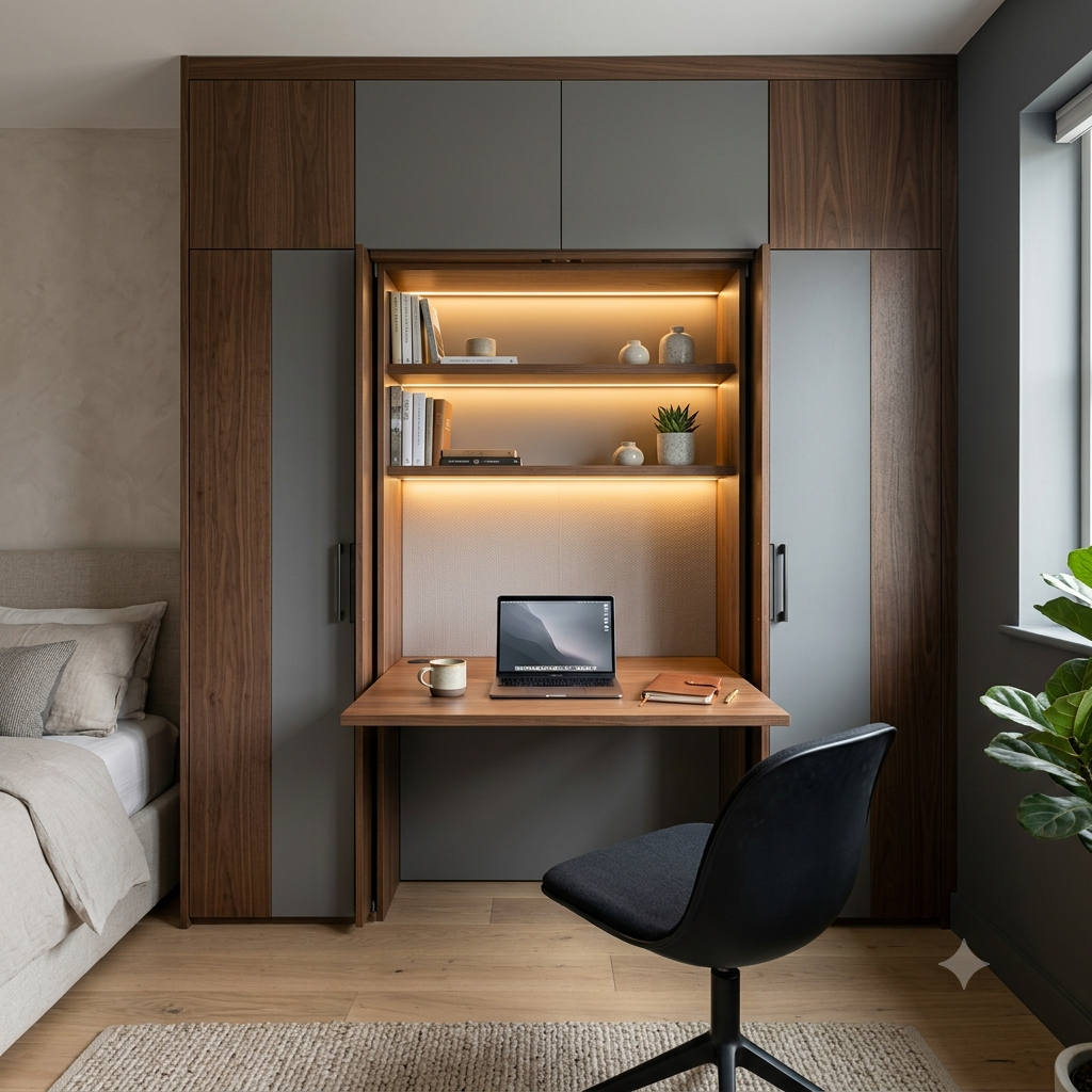 Wardrobe with built in fold out study table, hidden workspace concealed inside luxury wardrobe